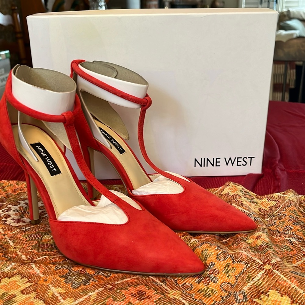Nine West Red Pointed Toe T-Strap Heels